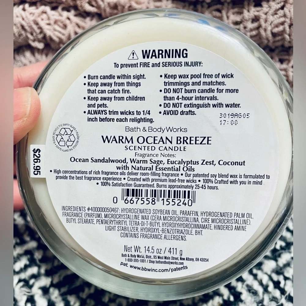 🌊 WARM OCEAN BREEZE Bath Body 3 Wick Candle Retired Sandalwood Eucalyptus Beach